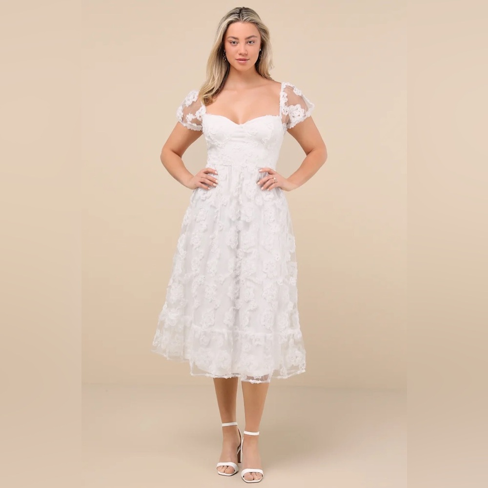 Lulus Notable Elegance White Mesh Floral Applique Bustier Midi Dress